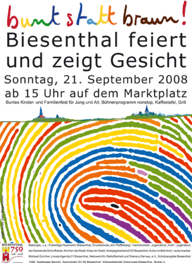 Plakat mit dem Aufruf Bunt statt Braun in Biesenthal