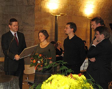 Pfarrer Sebastian Feydt, Melanie Haller, Miro Jennerjahn und Stephan Meister vom NDK Wurzen, Michael Wedell von der Kulturstiftung Dresden der Dresdner Bank (v.l.)